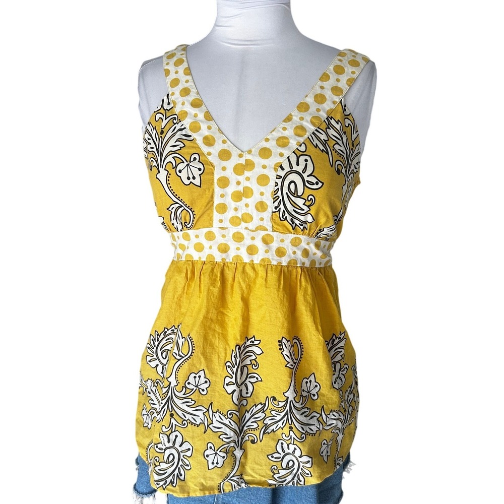 She's Cool Tank Top Medium Yellow Floral Polka Dot Smocked Tie Back Y2K 2000s